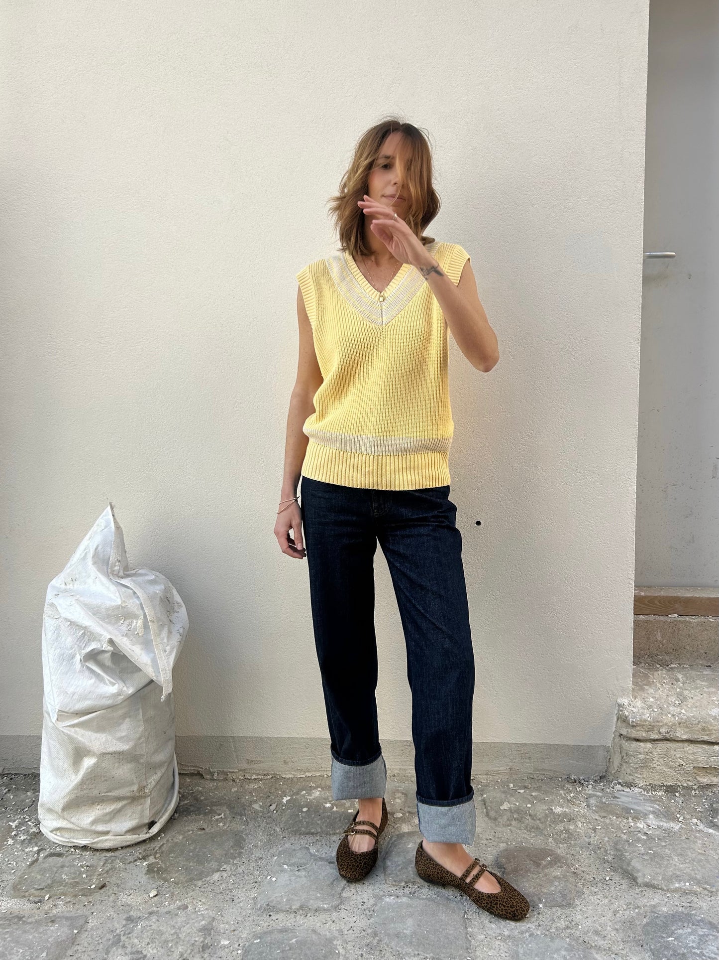 Polo Sans Manche - Jaune à Rayures Écru