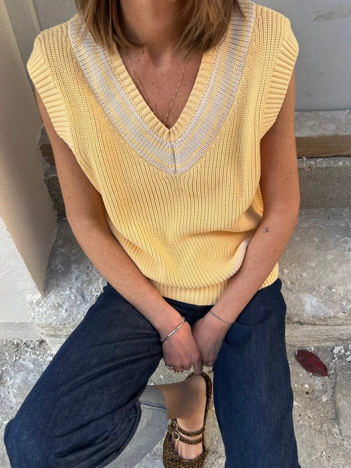 Polo Sans Manche - Jaune à Rayures Écru