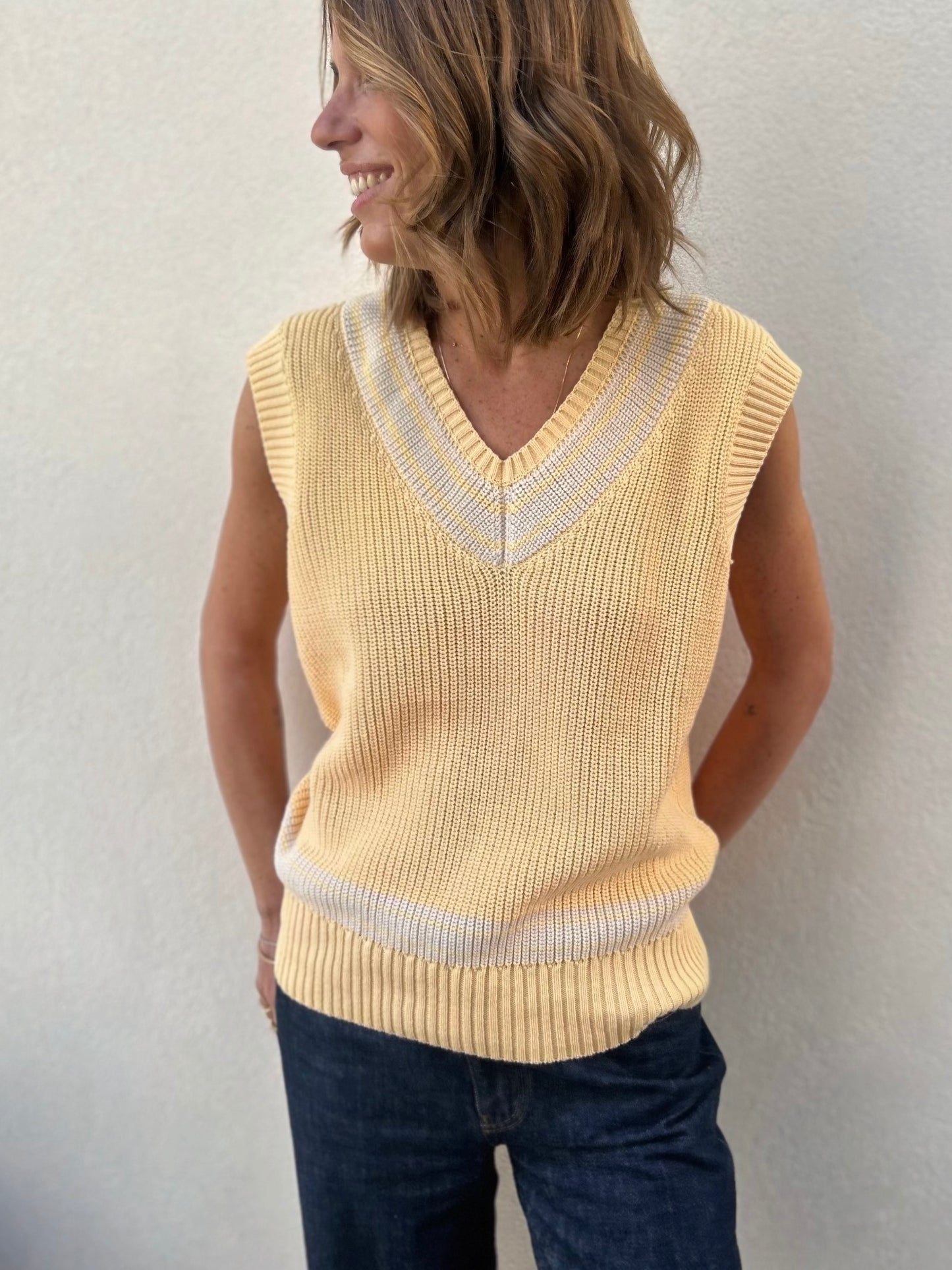 Polo Sans Manche - Jaune à Rayures Écru