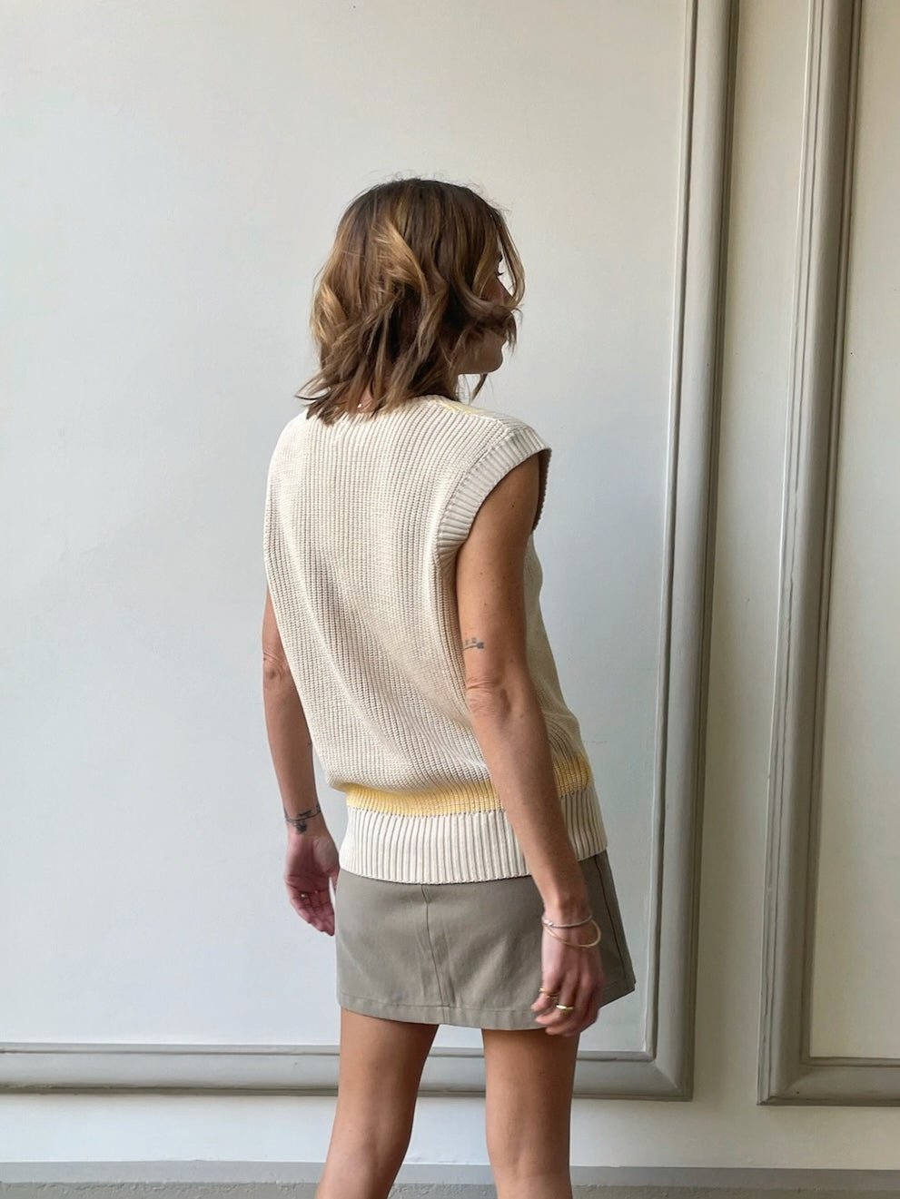 Polo Sans Manche - Écru à Rayures Jaune