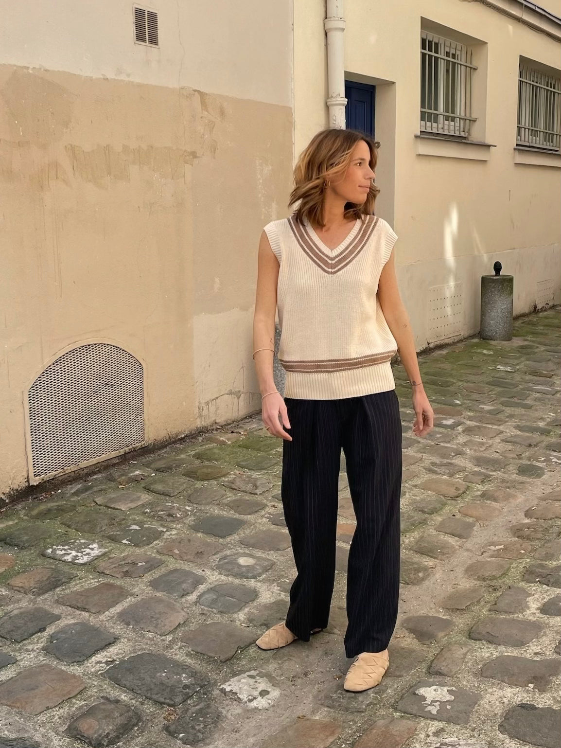 Polo Sans Manche -  Ecru à Rayures Marron