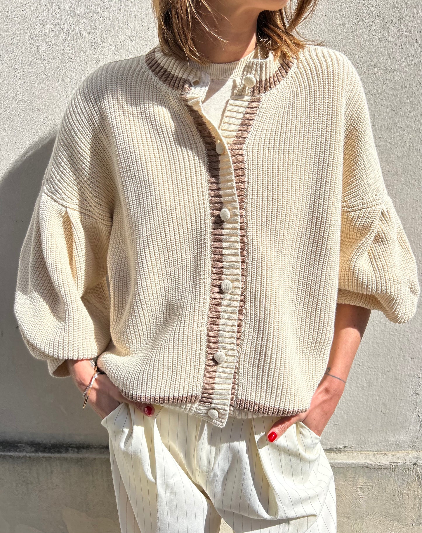 Bondy Vest - Ecru with Brown Stripes